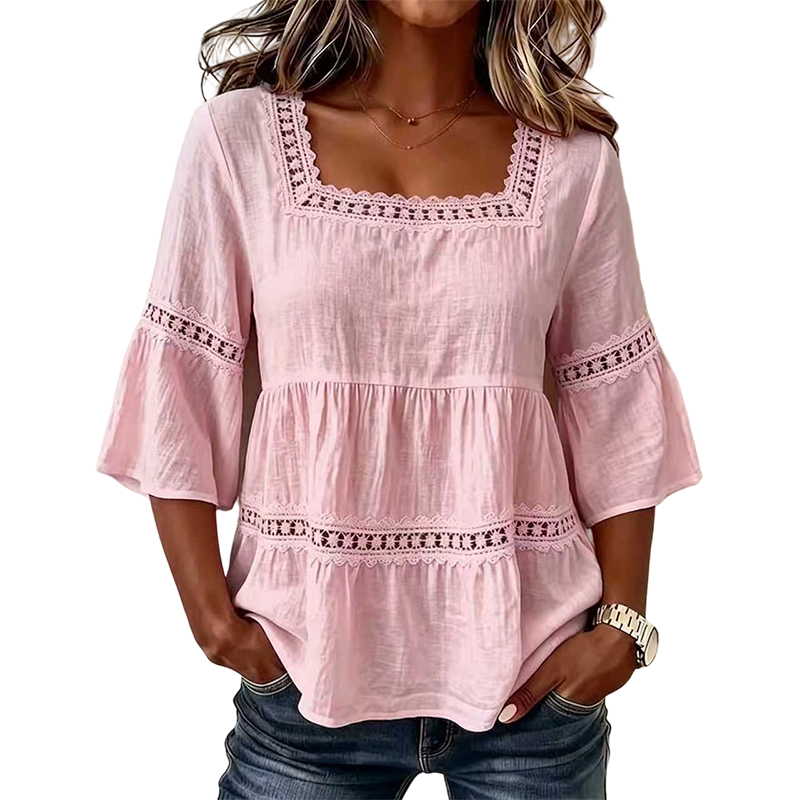 🌸 LIMITED-TIME 50% OFF! 💥 Elegant Square Neck Summer Blouse – Boho Lace, Bell Sleeves, Tiered Flow ✨