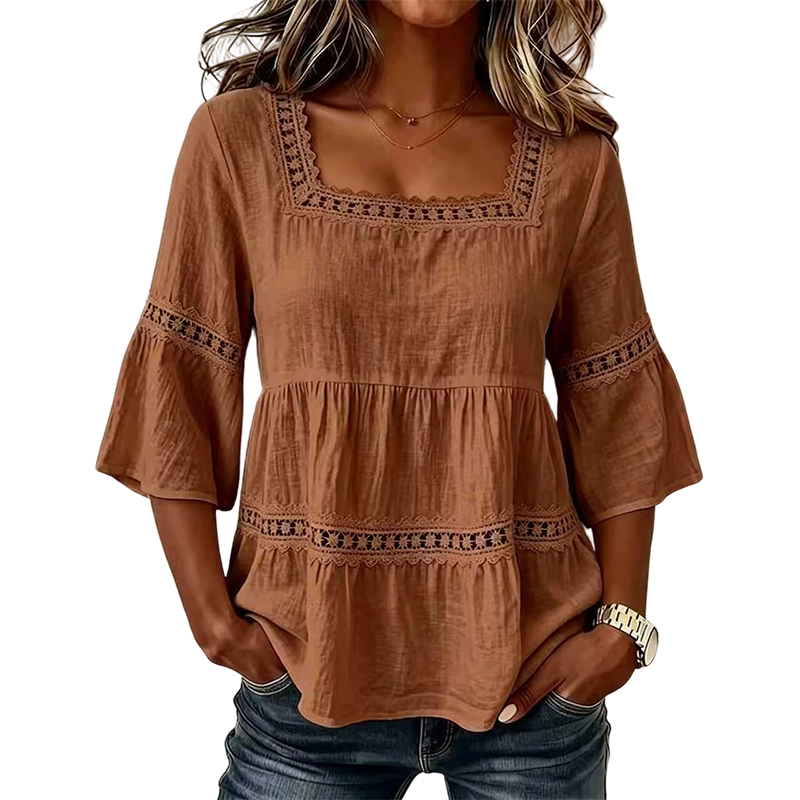 🌸 LIMITED-TIME 50% OFF! 💥 Elegant Square Neck Summer Blouse – Boho Lace, Bell Sleeves, Tiered Flow ✨