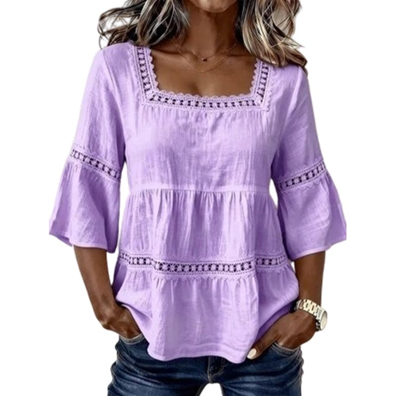 🌸 LIMITED-TIME 50% OFF! 💥 Elegant Square Neck Summer Blouse – Boho Lace, Bell Sleeves, Tiered Flow ✨