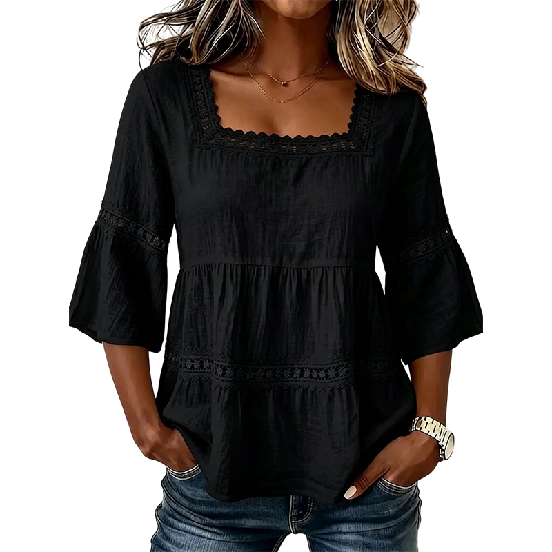 🌸 LIMITED-TIME 50% OFF! 💥 Elegant Square Neck Summer Blouse – Boho Lace, Bell Sleeves, Tiered Flow ✨
