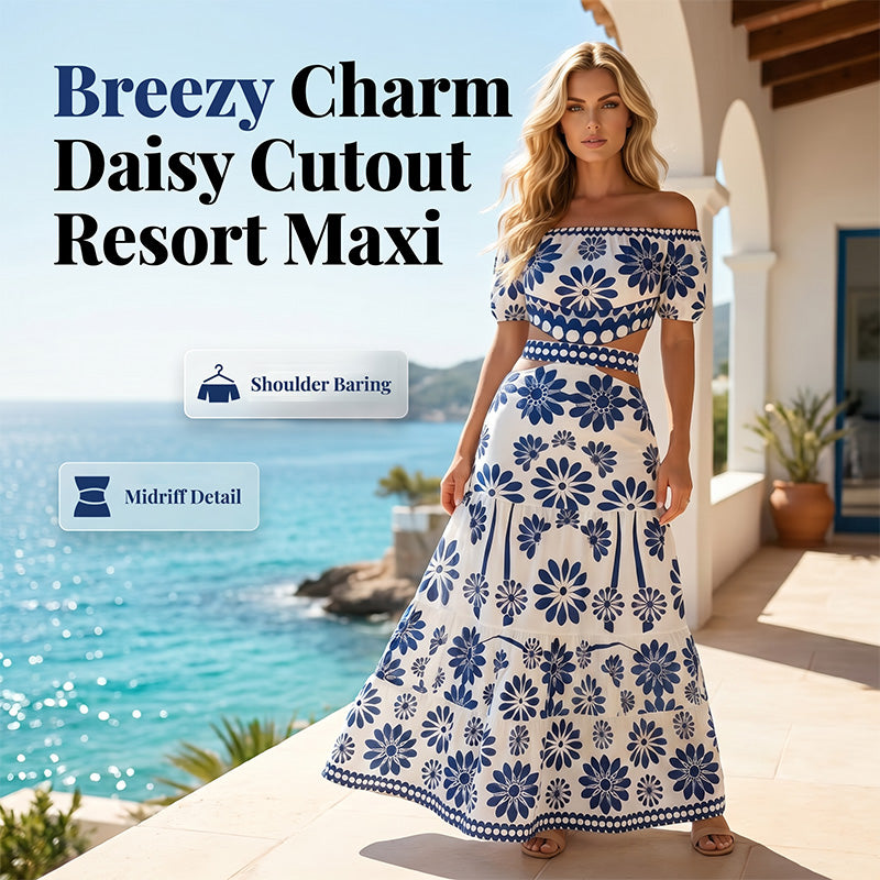 🌺 LIMITED-TIME 50% OFF! 💥 Women's Off-Shoulder Midi Dress – Daisy Print, Waist Cutout & Flattering Flowy Fit – Tropical Chic 💃