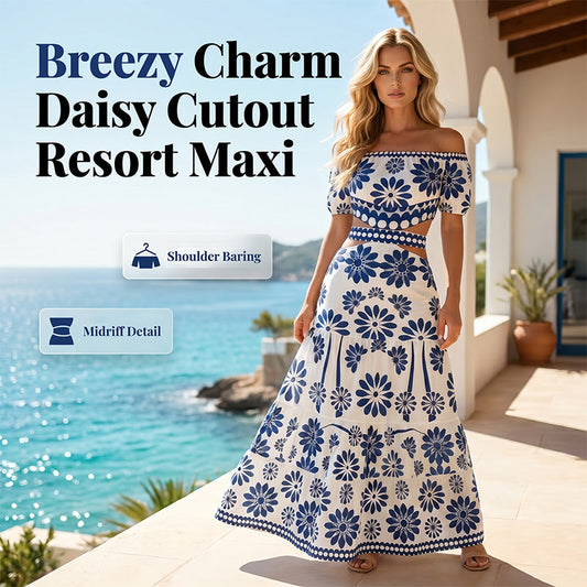 🌺 LIMITED-TIME 50% OFF! 💥 Women's Off-Shoulder Midi Dress – Daisy Print, Waist Cutout & Flattering Flowy Fit – Tropical Chic 💃
