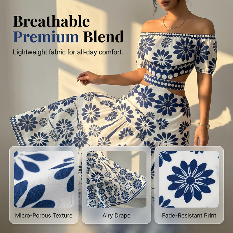 🌺 LIMITED-TIME 50% OFF! 💥 Women's Off-Shoulder Midi Dress – Daisy Print, Waist Cutout & Flattering Flowy Fit – Tropical Chic 💃