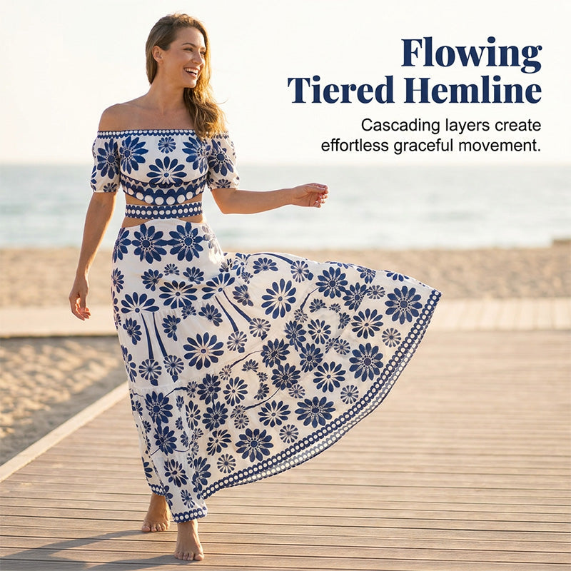 🌺 LIMITED-TIME 50% OFF! 💥 Women's Off-Shoulder Midi Dress – Daisy Print, Waist Cutout & Flattering Flowy Fit – Tropical Chic 💃