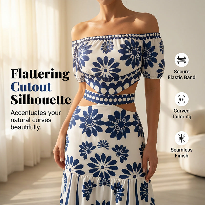 🌺 LIMITED-TIME 50% OFF! 💥 Women's Off-Shoulder Midi Dress – Daisy Print, Waist Cutout & Flattering Flowy Fit – Tropical Chic 💃