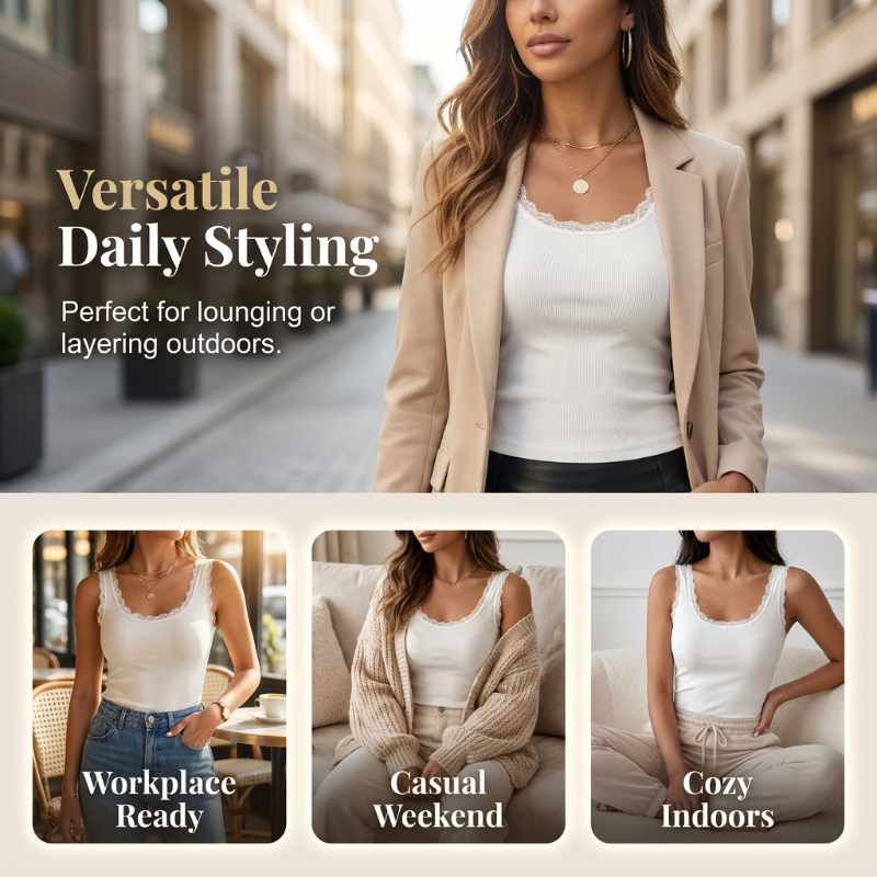 📢📢53% OFF !! ⏰Women's Slim Fit Sleeveless Top Ribbed Cami with Built-in Cups and Lace