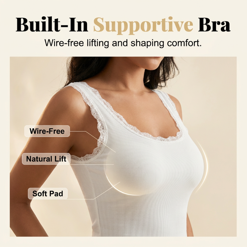 📢📢53% OFF !! ⏰Women's Slim Fit Sleeveless Top Ribbed Cami with Built-in Cups and Lace