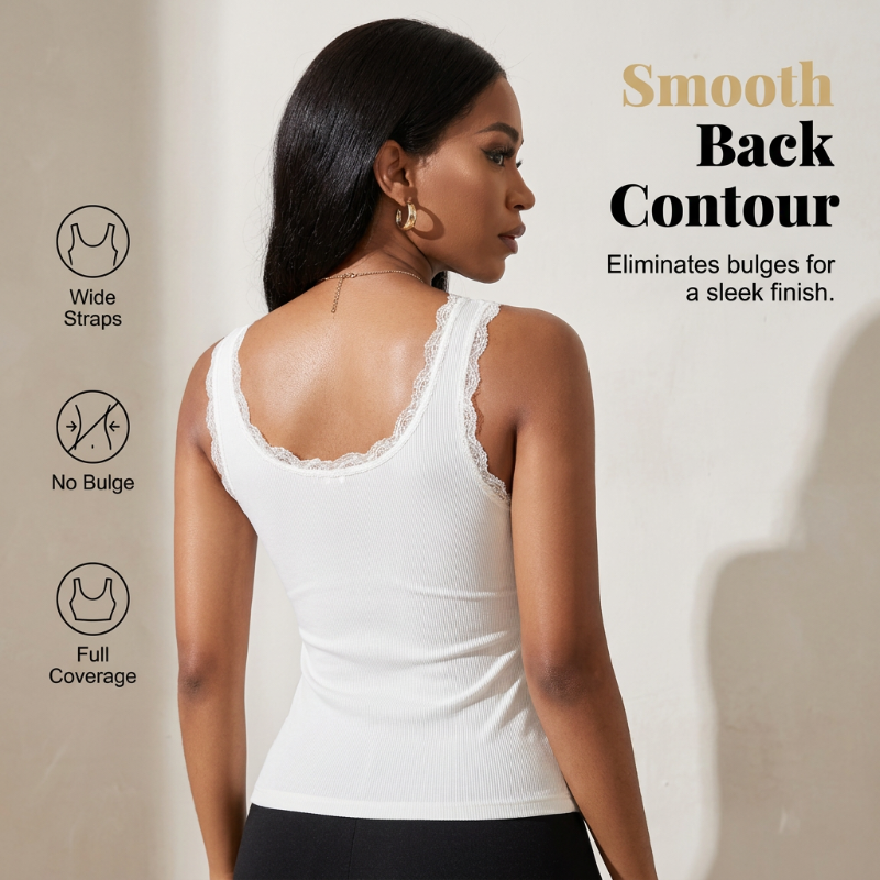 📢📢53% OFF !! ⏰Women's Slim Fit Sleeveless Top Ribbed Cami with Built-in Cups and Lace