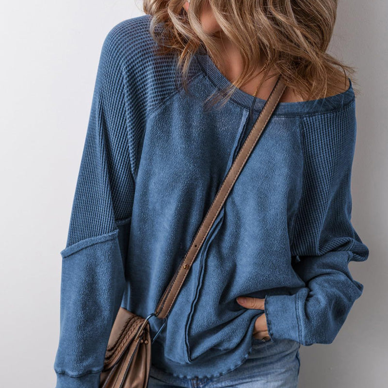 📢📢50% OFF !! Women's Waffle Knit Long Sleeve Top | Casual Round Neck & Loose Fit Pullover | Soft Wrinkle-Resistant Basic Tee for Office & Weekend