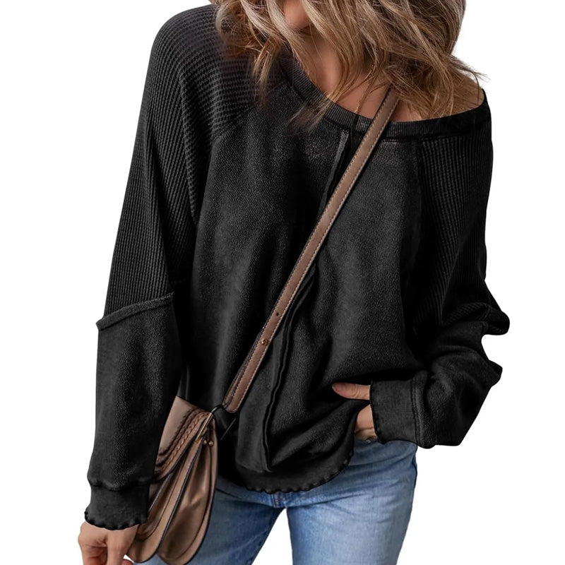 📢📢50% OFF !! Women's Waffle Knit Long Sleeve Top | Casual Round Neck & Loose Fit Pullover | Soft Wrinkle-Resistant Basic Tee for Office & Weekend