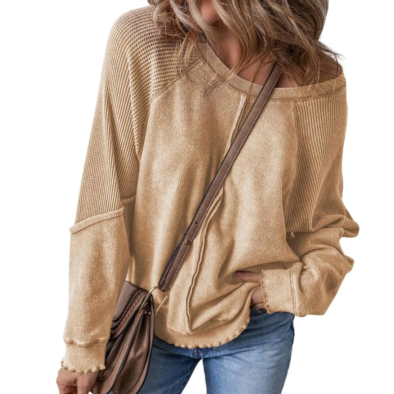 📢📢50% OFF !! Women's Waffle Knit Long Sleeve Top | Casual Round Neck & Loose Fit Pullover | Soft Wrinkle-Resistant Basic Tee for Office & Weekend