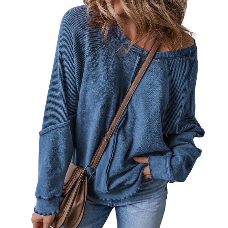 📢📢50% OFF !! Women's Waffle Knit Long Sleeve Top | Casual Round Neck & Loose Fit Pullover | Soft Wrinkle-Resistant Basic Tee for Office & Weekend