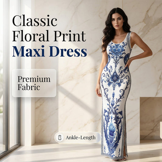 👗Women's Classic Floral Print Maxi Dress – Bodycon, Side Slit, Porcelain Pattern 💙