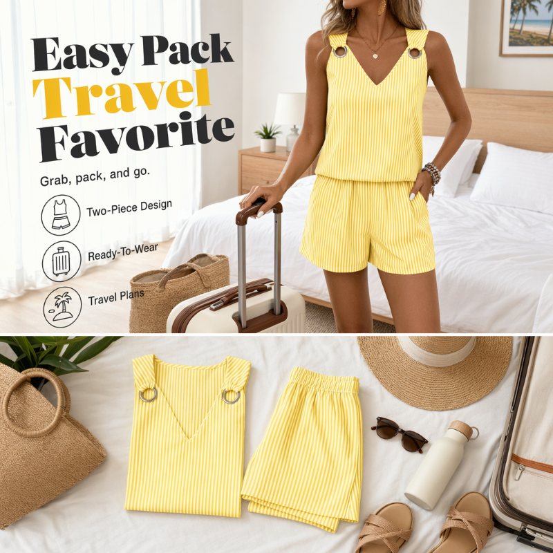 Women Summer Striped Sleeveless Vest Set