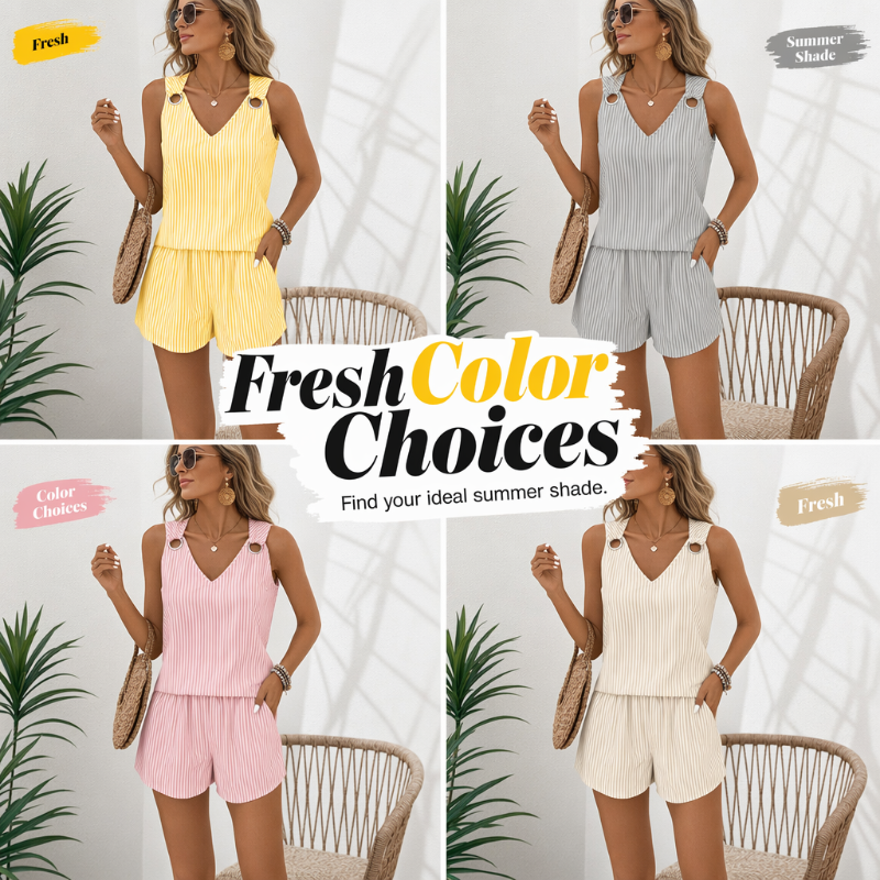 Women Summer Striped Sleeveless Vest Set