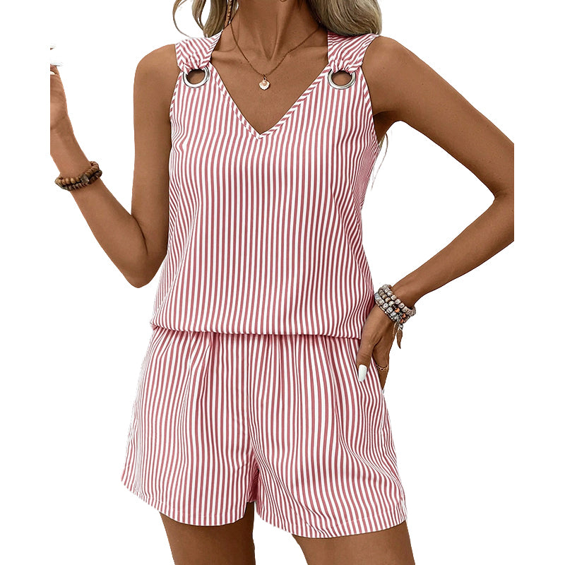 Women Summer Striped Sleeveless Vest Set