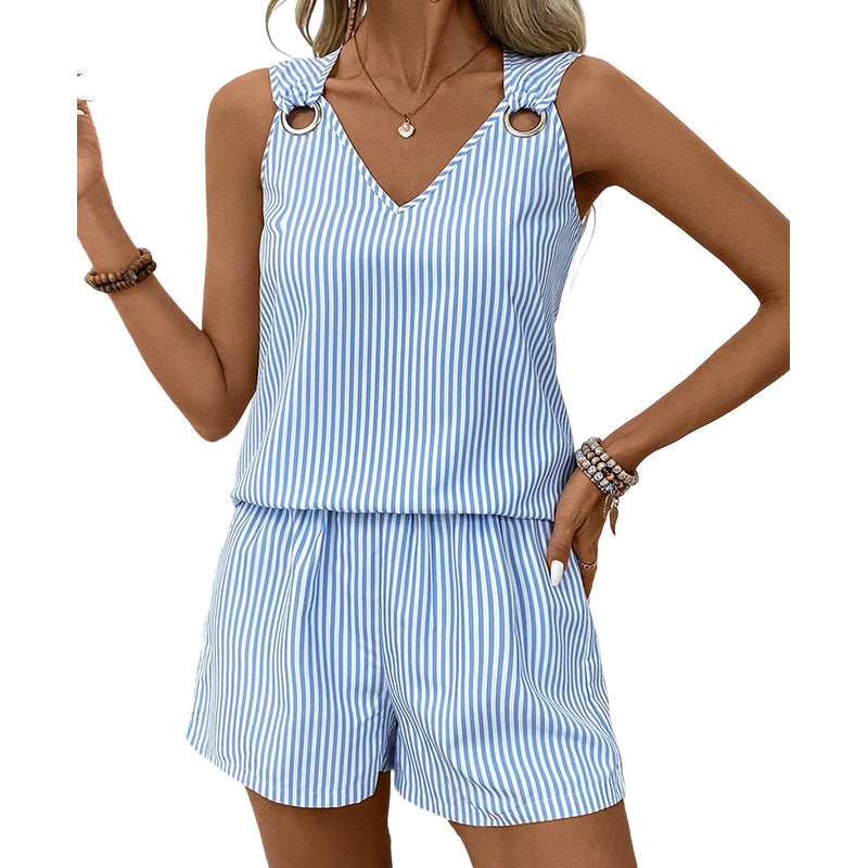 Women Summer Striped Sleeveless Vest Set