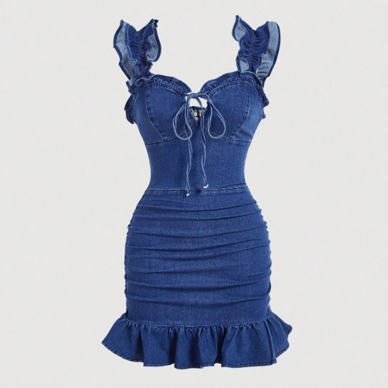 Women's Ruffle Strap Ruched Denim Dress