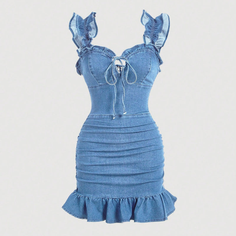 Women's Ruffle Strap Ruched Denim Dress