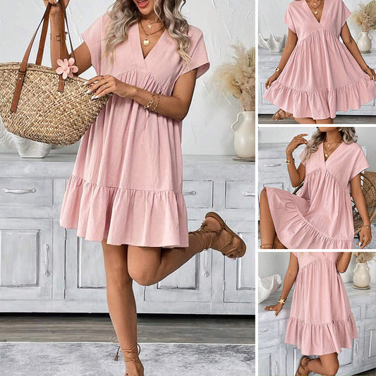 Women's V-Neck Loose-Fit Dress with Ruffle Hem 👗 Flattering V-Neck, Playful Ruffles – Your Go-To for Easy, Breezy Days ✨