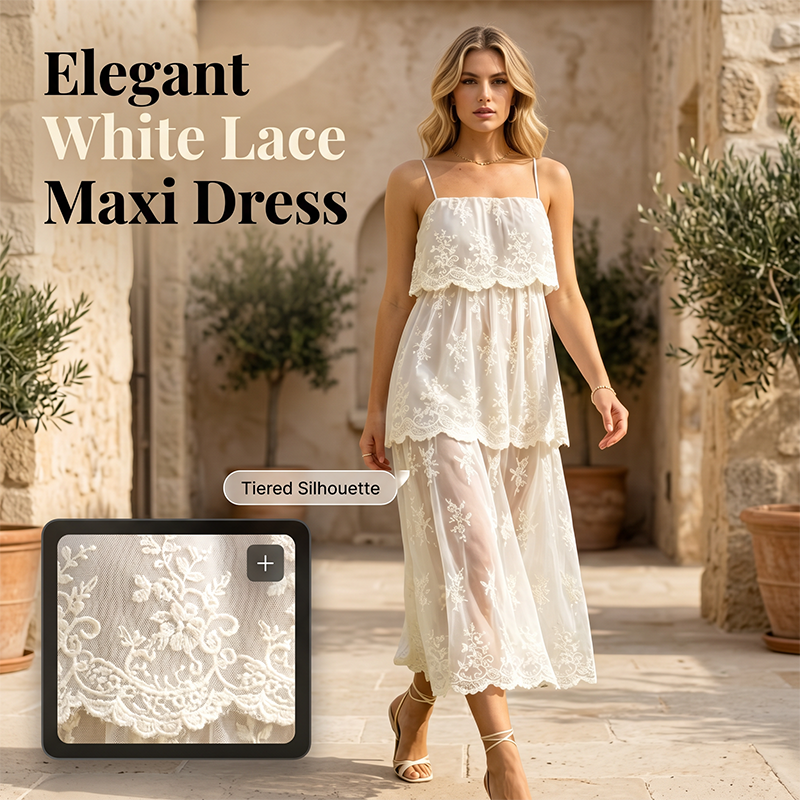 Women's Elegant White Lace Spaghetti Strap Maxi Dress 🤍 Delicate Straps, Timeless Lace – A Dreamy Silhouette for Special Moments ✨