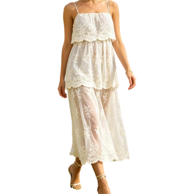 Women's Elegant White Lace Spaghetti Strap Maxi Dress 🤍 Delicate Straps, Timeless Lace – A Dreamy Silhouette for Special Moments ✨