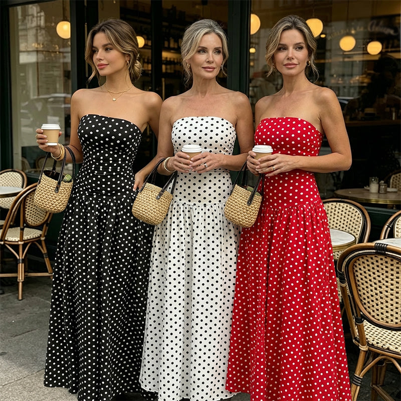 🌸 Women's Fashion Polka Dot Strapless Dress | Sweetheart Neckline, Flirty Print & Perfect for Summer Days & Parties