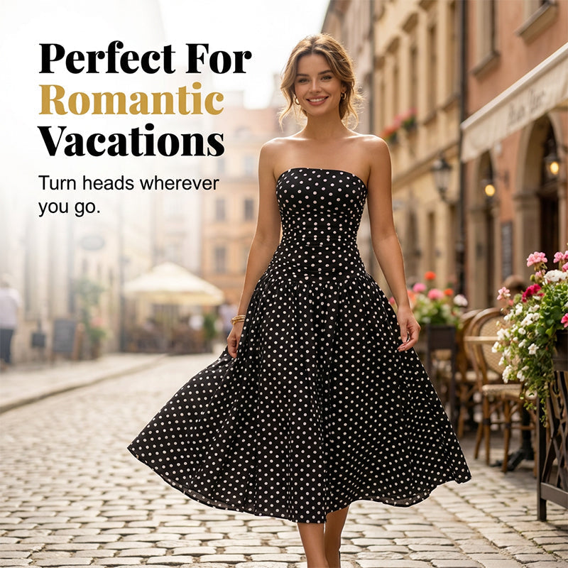 🌸 Women's Fashion Polka Dot Strapless Dress | Sweetheart Neckline, Flirty Print & Perfect for Summer Days & Parties