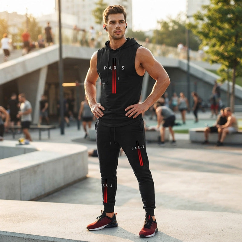 Men's Sleeveless Hoodie and Pants Two-Piece Sports Set