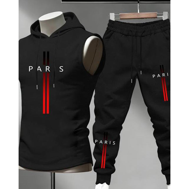 Men's Sleeveless Hoodie and Pants Two-Piece Sports Set