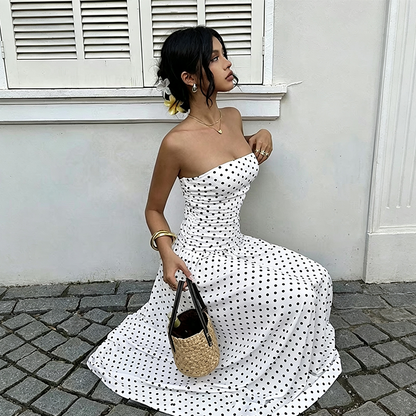📢📢50% OFF !! 👗 WOMEN'S OFF-SHOULDER POLKA DOT DRESS — Flattering Ruched Waist & Flowing A-Line Evening Wear ✨