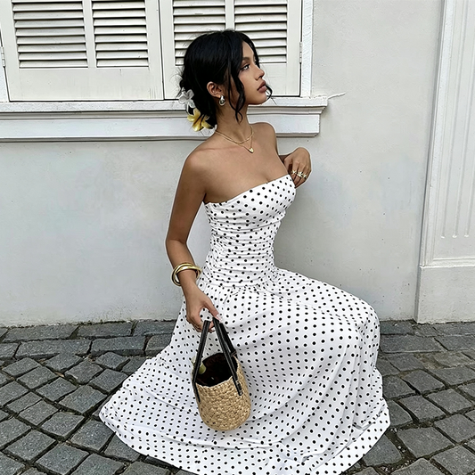 📢📢50% OFF !! 👗 WOMEN'S OFF-SHOULDER POLKA DOT DRESS — Flattering Ruched Waist & Flowing A-Line Evening Wear ✨