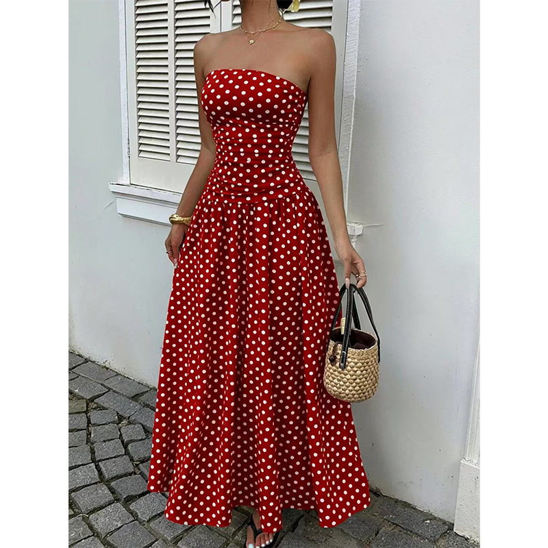 📢📢50% OFF !! 👗 WOMEN'S OFF-SHOULDER POLKA DOT DRESS — Flattering Ruched Waist & Flowing A-Line Evening Wear ✨