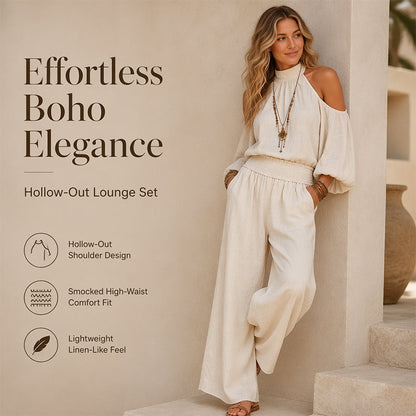 🎉 LIMITED TIME 50% OFF! 🌸 Women's Cold Shoulder Halter Neck Top & Wide-Leg Trousers Set – Boho Elegance & Linen-Like Breathability ✨
