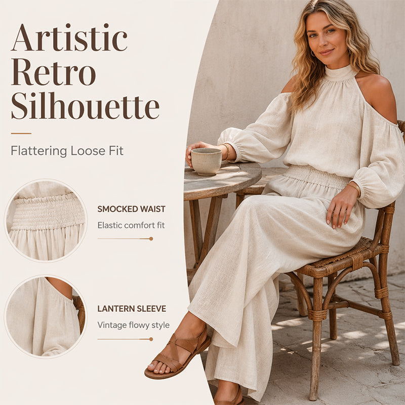 🎉 LIMITED TIME 50% OFF! 🌸 Women's Cold Shoulder Halter Neck Top & Wide-Leg Trousers Set – Boho Elegance & Linen-Like Breathability ✨