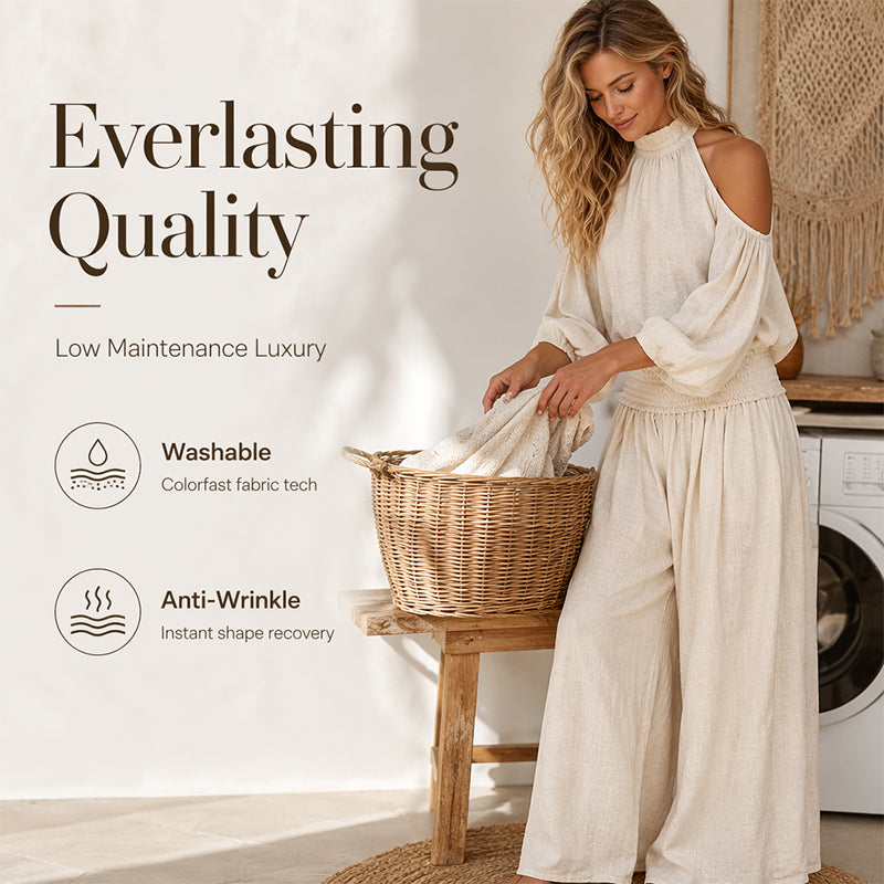 🎉 LIMITED TIME 50% OFF! 🌸 Women's Cold Shoulder Halter Neck Top & Wide-Leg Trousers Set – Boho Elegance & Linen-Like Breathability ✨