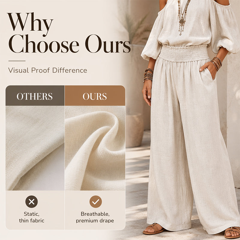 🎉 LIMITED TIME 50% OFF! 🌸 Women's Cold Shoulder Halter Neck Top & Wide-Leg Trousers Set – Boho Elegance & Linen-Like Breathability ✨