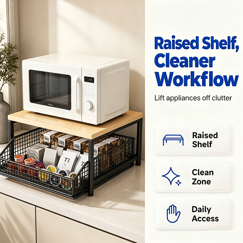 🍳 50% OFF NOW! 🗄️ 2-Tier Kitchen Microwave Stand with Slide-Out Drawer – Heavy-Duty Countertop Shelf, Space-Saving & Easy Access ✨