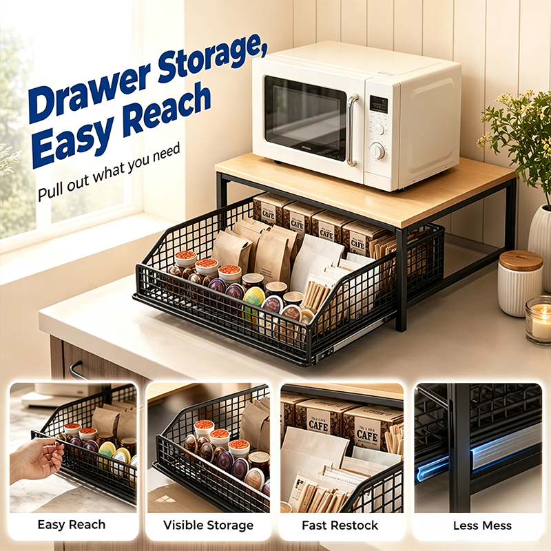 🍳 50% OFF NOW! 🗄️ 2-Tier Kitchen Microwave Stand with Slide-Out Drawer – Heavy-Duty Countertop Shelf, Space-Saving & Easy Access ✨
