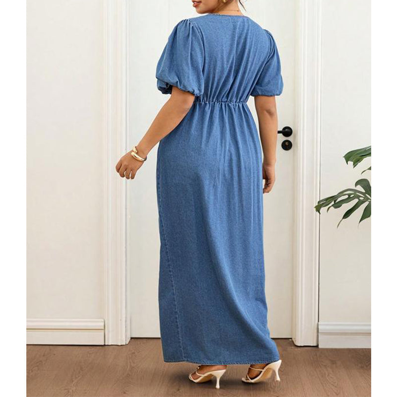 Women's Tie-Front V-Neck Denim Maxi Dress 🌸 Cinched Waist, Flowing Length – A Denim Dream for Sunny Days ✨