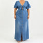 Women's Tie-Front V-Neck Denim Maxi Dress 🌸 Cinched Waist, Flowing Length – A Denim Dream for Sunny Days ✨