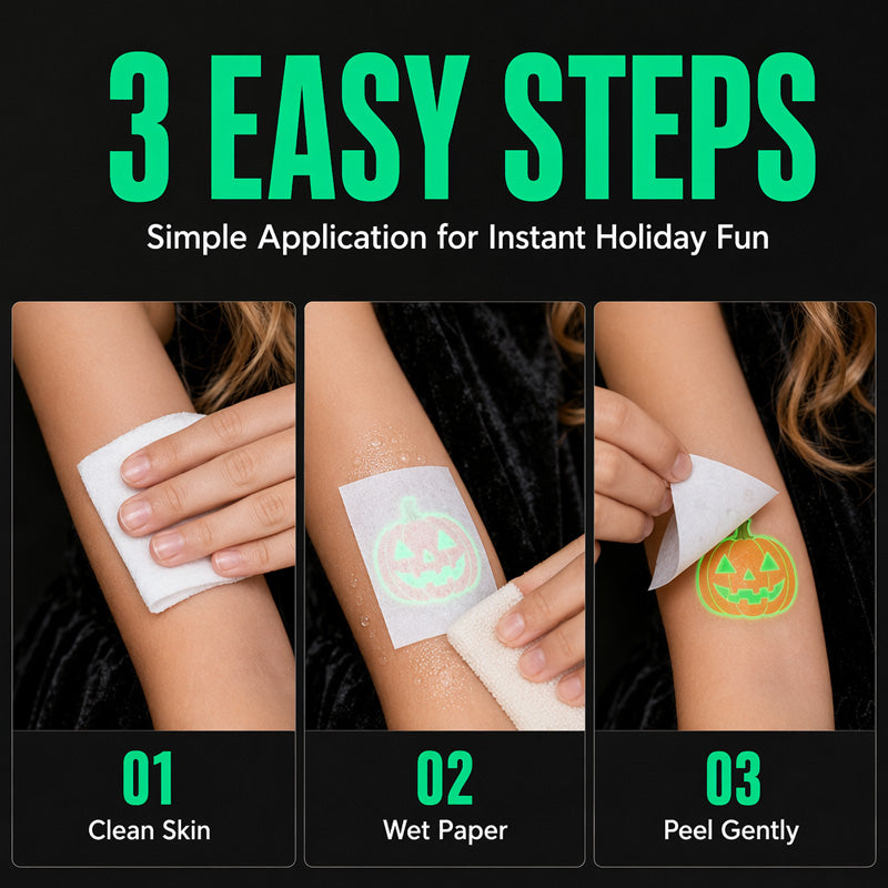 🎃💡 Light Up Your Halloween Look! Glow-in-the-Dark Temporary Tattoos | Waterproof & Fun Party Accessories