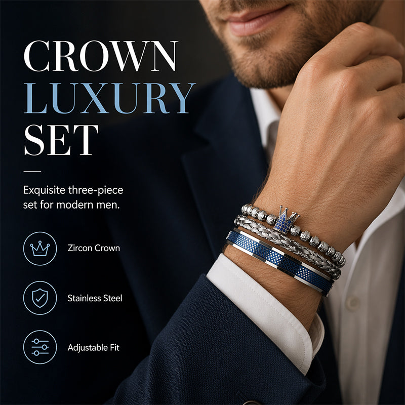 👑 50% OFF! ✨ Men's Stainless Steel Crown Bracelet 3-Piece Set – Hand-Set AAA Zircons, PVD Electroplating & Adjustable 17-21cm Fit – Urban Luxury for Suits & Street Style 💎