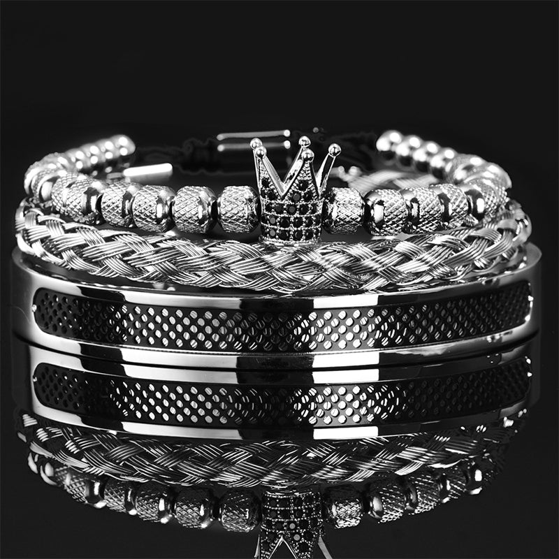👑 50% OFF! ✨ Men's Stainless Steel Crown Bracelet 3-Piece Set – Hand-Set AAA Zircons, PVD Electroplating & Adjustable 17-21cm Fit – Urban Luxury for Suits & Street Style 💎
