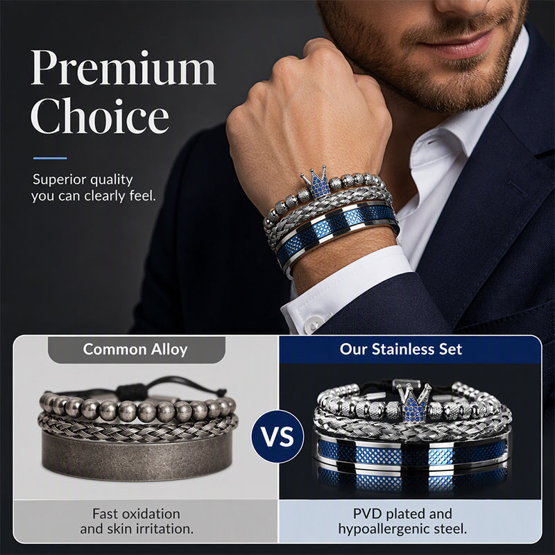 👑 50% OFF! ✨ Men's Stainless Steel Crown Bracelet 3-Piece Set – Hand-Set AAA Zircons, PVD Electroplating & Adjustable 17-21cm Fit – Urban Luxury for Suits & Street Style 💎
