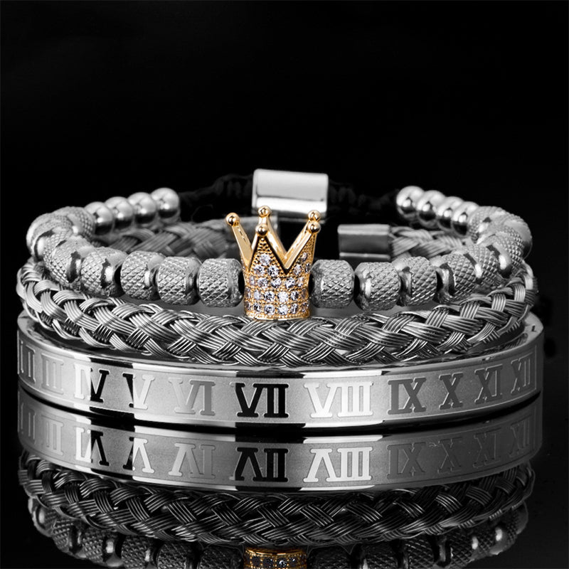 👑 50% OFF! ✨ Men's Stainless Steel Crown Bracelet 3-Piece Set – Hand-Set AAA Zircons, PVD Electroplating & Adjustable 17-21cm Fit – Urban Luxury for Suits & Street Style 💎