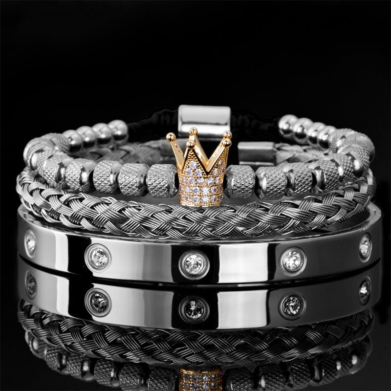 👑 50% OFF! ✨ Men's Stainless Steel Crown Bracelet 3-Piece Set – Hand-Set AAA Zircons, PVD Electroplating & Adjustable 17-21cm Fit – Urban Luxury for Suits & Street Style 💎