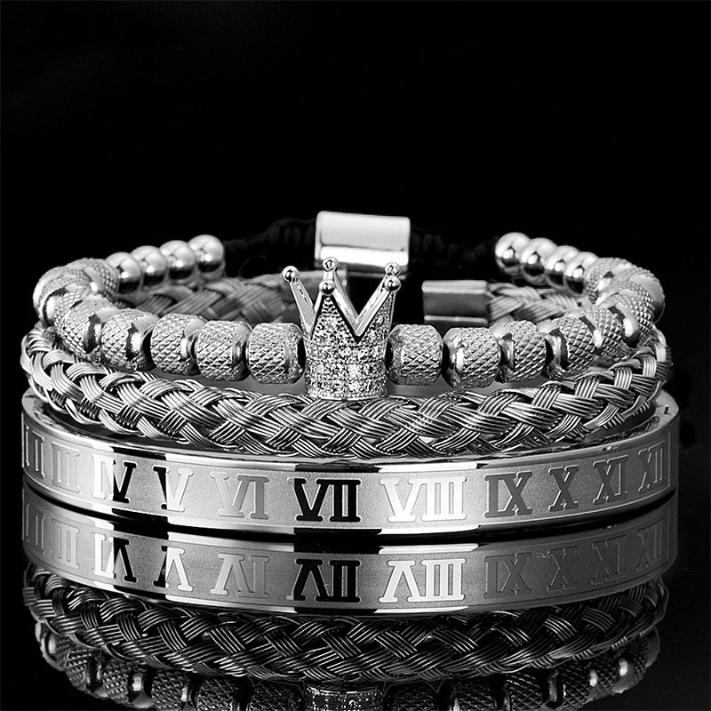 👑 50% OFF! ✨ Men's Stainless Steel Crown Bracelet 3-Piece Set – Hand-Set AAA Zircons, PVD Electroplating & Adjustable 17-21cm Fit – Urban Luxury for Suits & Street Style 💎