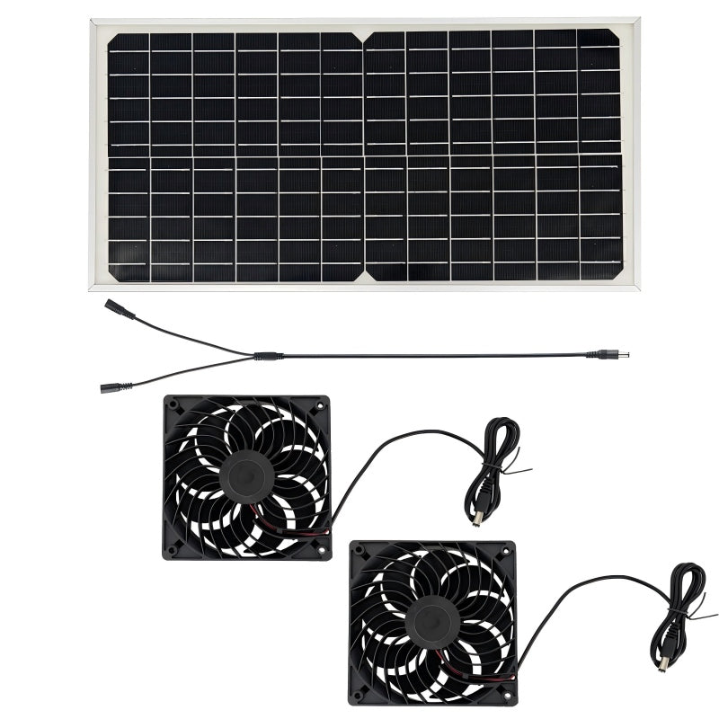 Solar Powered Fan, Solar Fan for Shed, Chicken Coop, Greenhouse, Outside with Two 5In Fans Exhaust Intake Mounting Way and Installation Kits