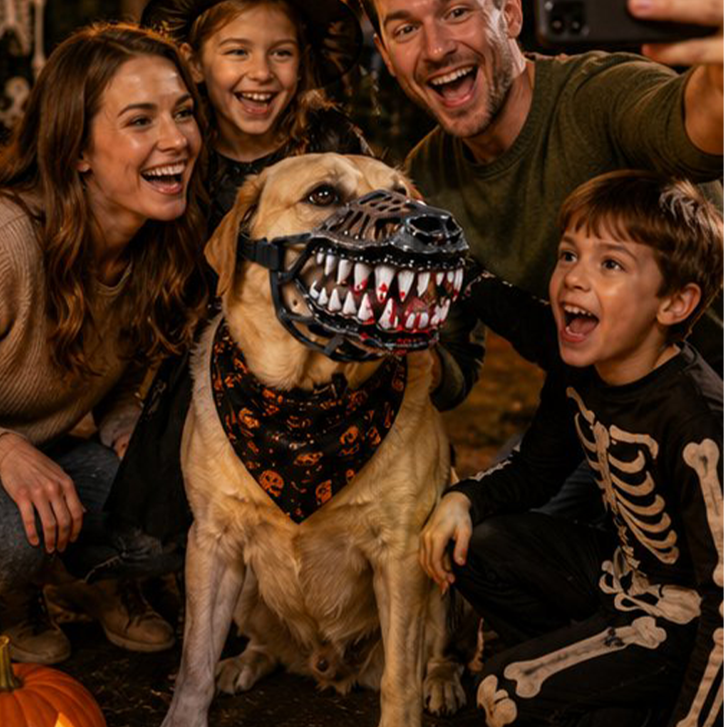 🎃50% OFF NOW ! 🐶Halloween Realistic Spoof Pet Muzzle – Scary Bloody Fangs Dog Costume Muzzle, Adjustable Funny Cosplay Accessory for Halloween Party